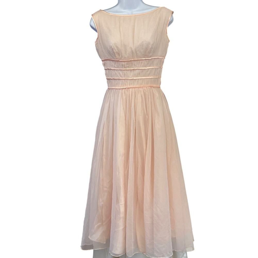 Vintage 50s Lorrie Deb Blush Chiffon Party Dress Full Skirt Talon Old Hollywood